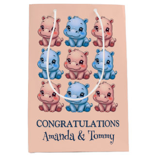 Sac Cadeau Moyen Baby shower Hippo personnalisé rose