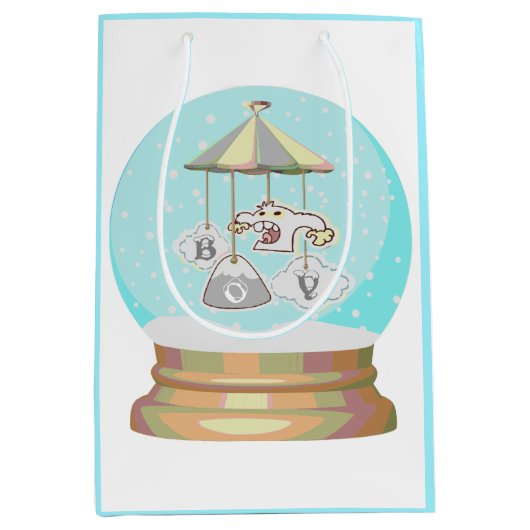 Sac Cadeau Moyen Baby shower hiver neige yeti neige globe bleu blan (Devant)