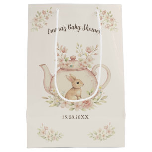 Sac Cadeau Moyen Baby Shower Lapin Neutre & Théière Florale