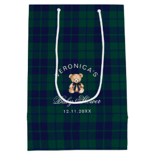Sac Cadeau Moyen Baby-Shower Ourson Classique à Carreaux Navy