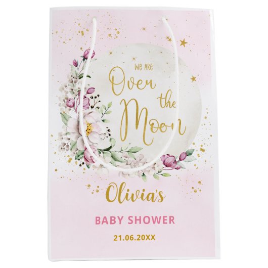 Sac Cadeau Moyen Baby shower rose lune florale (Devant)