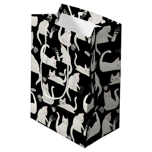 Sac Cadeau Moyen Bad Cats Knocking Stuff Over, White Cats on Black (Dos Angle)