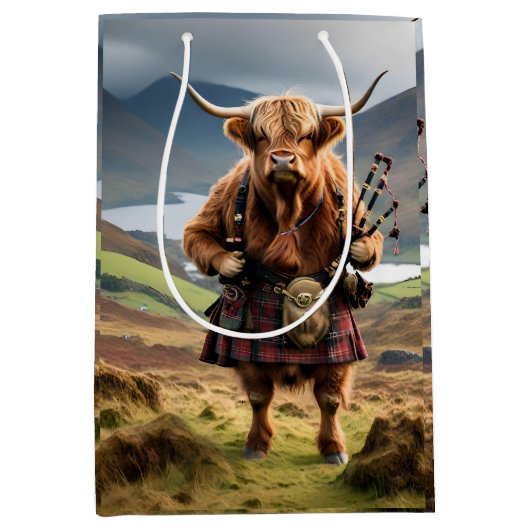 Sac Cadeau Moyen Bagpiper de vache écossaise Highland (Devant)