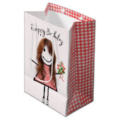 Sac Cadeau Moyen Baguette Figurant Fille Avec Bouquet Anniversaire (Devant Angle)