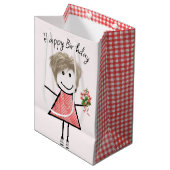 Sac Cadeau Moyen Baguette Figurant Fille Avec Bouquet Anniversaire (Devant Angle)