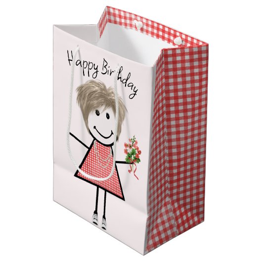 Sac Cadeau Moyen Baguette Figurant Fille Avec Bouquet Anniversaire (Devant Angle)