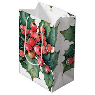 Sac Cadeau Moyen Baies de houx et feuilles à l'aquarelle vintage