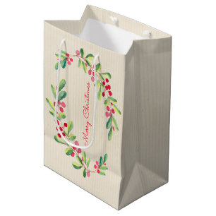 Sac Cadeau Moyen Baies et feuilles à l'aquarelle pour les fêtes de
