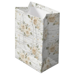 Sac Cadeau Moyen Baigne de Mariage Bohème aux Fleurs Blanches Crème