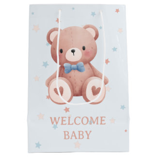 Sac Cadeau Moyen Bain de bébé garçon Ourson - Étoiles Bleu Tendre