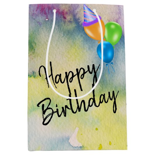 Sac Cadeau Moyen Ballons d'anniversaire sur aquarelle (Devant)