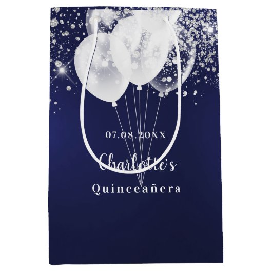 Sac Cadeau Moyen Ballons de parties scintillant blanc bleu marine Q (Devant)