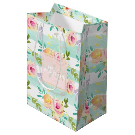 Sac Cadeau Moyen Bandes de menthe Floral Chic (Devant Angle)
