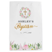 Sac Cadeau Moyen Baptême de fille rose or (Devant)