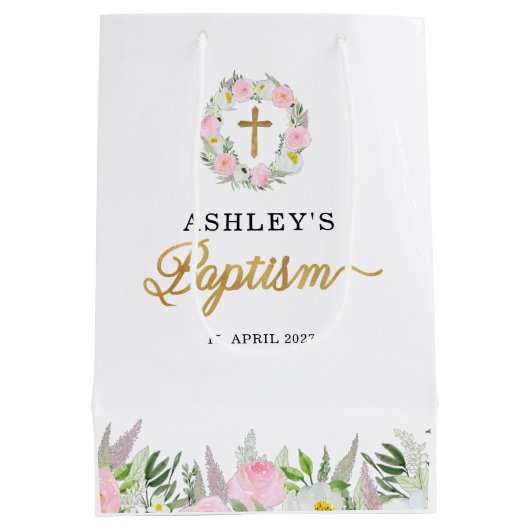 Sac Cadeau Moyen Baptême de fille rose or (Dos)