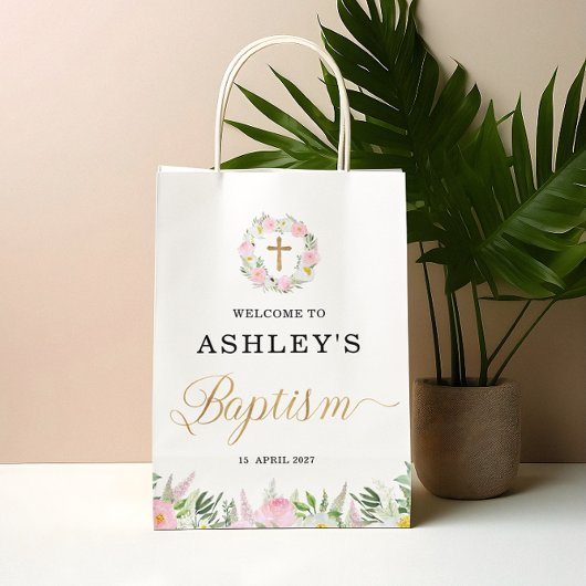 Sac Cadeau Moyen Baptême de fille rose or