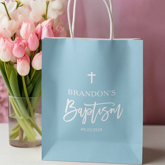 Sac Cadeau Moyen Baptême de garçon bleu moderne