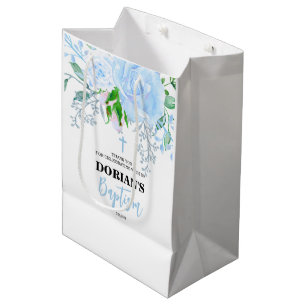 Sac Cadeau Moyen Baptême de garçon floral bleu