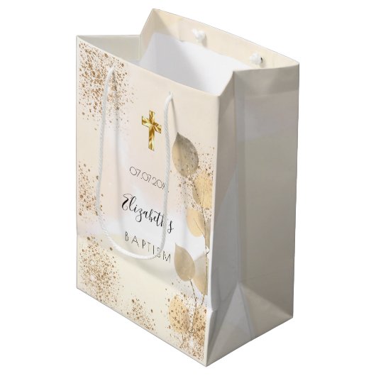 Sac Cadeau Moyen Baptême eucalyptus parties scintillant or monogram (Devant Angle)