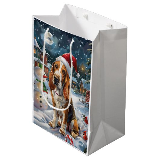 Sac Cadeau Moyen Basset Hound Chien Winter Wonderland Noël Joie (Devant Angle)