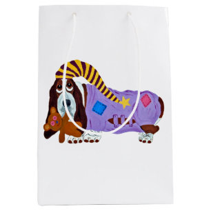 Sac Cadeau Moyen Basset Hound en pyjama avec un ours en peluche