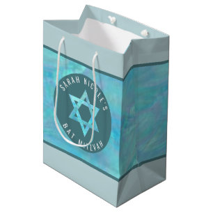 Sac Cadeau Moyen Bat mitzvah Bleu Opal Magen David Personnalisé