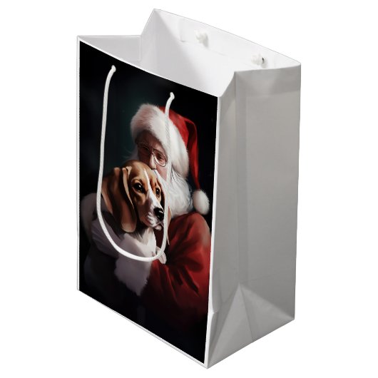 Sac Cadeau Moyen Beagle avec le Père Noël Festif Noël (Devant Angle)