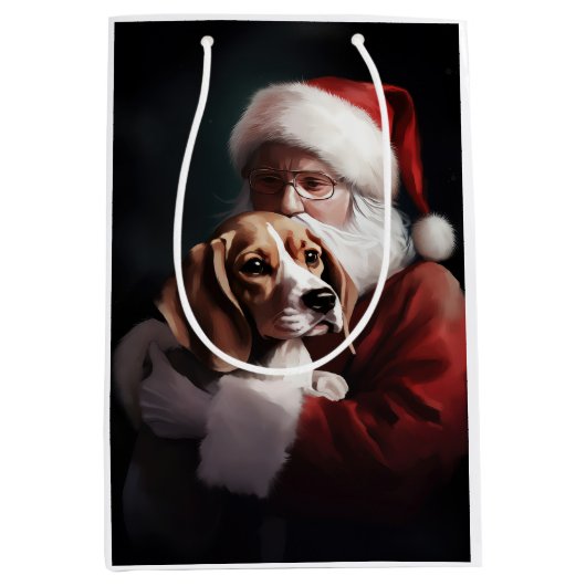 Sac Cadeau Moyen Beagle avec le Père Noël Festif Noël (Devant)