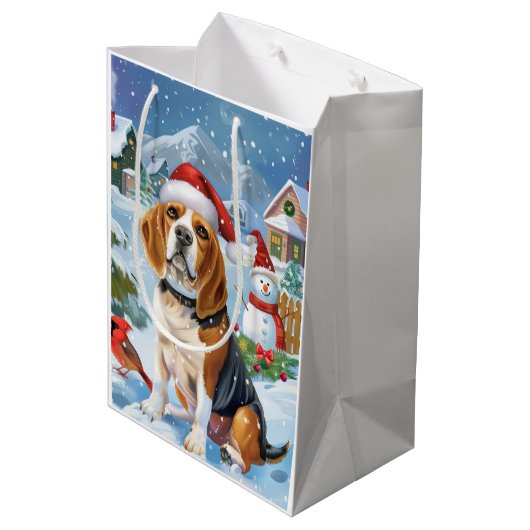 Sac Cadeau Moyen Beagle Chien Winter Wonderland Noël Joie (Dos Angle)