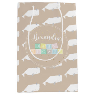 Sac Cadeau Moyen Beau Baby shower baleine blanche Beige neutre