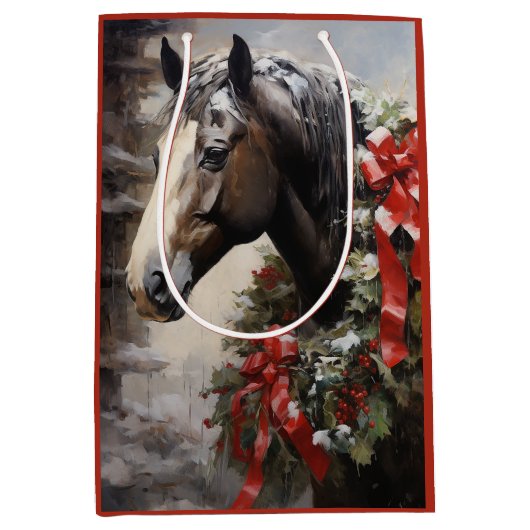 Sac Cadeau Moyen Beau Cheval avec Wreath hiver Noël (Devant)