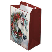 Sac Cadeau Moyen Beau Cheval Blanc avec Fleurs Rouges Noël (Devant Angle)