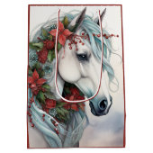 Sac Cadeau Moyen Beau Cheval Blanc avec Fleurs Rouges Noël (Dos)