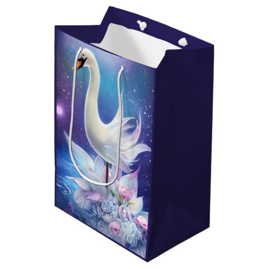 Sac Cadeau Moyen Beau Imaginaire cygne blanc avec fleurs (Devant Angle)