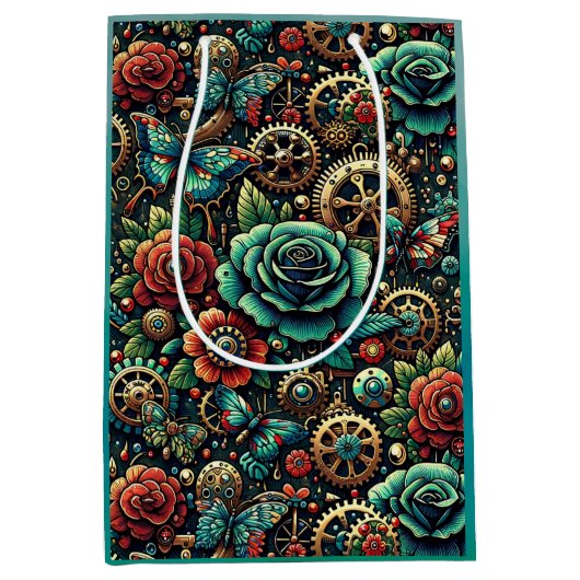 Sac Cadeau Moyen Beau Steampunk Gears à thème et Roses (Devant)
