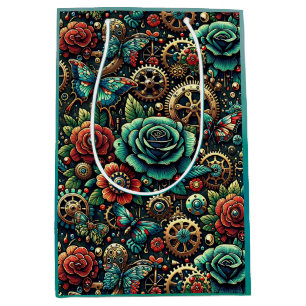 Sac Cadeau Moyen Beaux engrenages et roses sur le thème du Steampun
