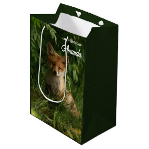 Sac Cadeau Moyen Bébé renard dans une forêt verte Anniversaire