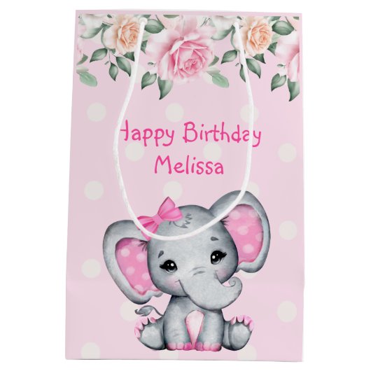 Sac Cadeau Moyen Bébé rose mignon éléphant et frontière Rose (Dos)