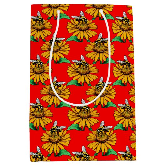 Sac Cadeau Moyen Bee on Sunflower Flower Pattern Design Red  (Devant)