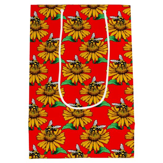 Sac Cadeau Moyen Bee on Sunflower Flower Pattern Design Red  (Dos)