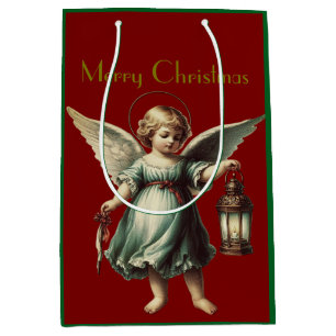 Sac Cadeau Moyen Belle Ange et Lanterne de Noël Vintage