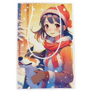 Sac Cadeau Moyen Belle Anime Girl avec Husky Dog Noël