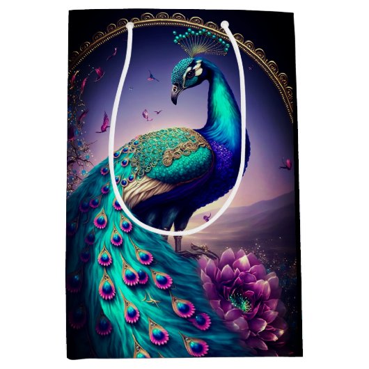 Sac Cadeau Moyen Belle Elégante Peacock Oiseau Faune Art (Devant)