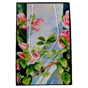 Sac Cadeau Moyen Belle rose rose rouge roses blanc aquarelle floral
