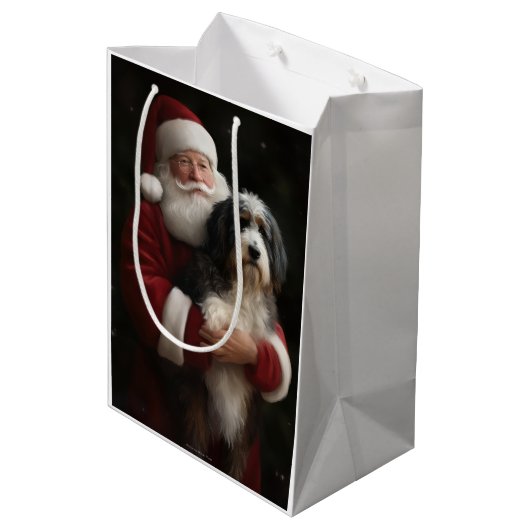 Sac Cadeau Moyen Bernedoodle avec Noël Festif du Père Noël (Dos Angle)