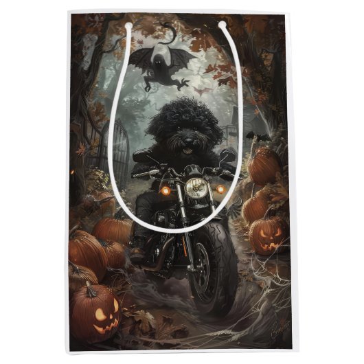 Sac Cadeau Moyen Bernedoodle Riding Moto Halloween effrayant (Devant)