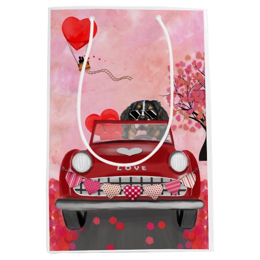 Sac Cadeau Moyen Bernois Mountain Driving Car avec Coeurs Valentine (Devant)