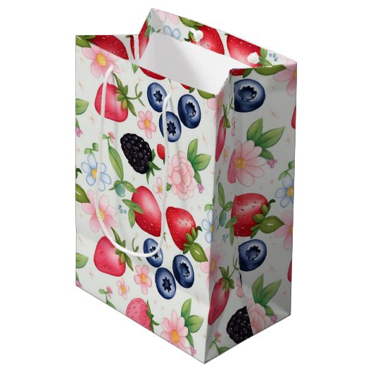 Sac Cadeau Moyen Berry Fleurs fraises fête d'anniversaire pour elle (Devant Angle)