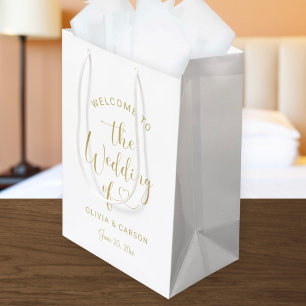 Sac Cadeau Moyen Bienvenue au mariage en écriture cœur doré moderne