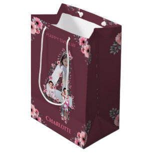 Sac Cadeau Moyen Big 4th Birthday Girl Photo Collage Fleur rose
